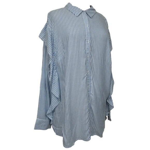 DR2 Daniel Rainn Blue Pinstripe Ruffled Long Sleeve Button Up Shirt PLUS 2X NEW - Picture 1 of 5